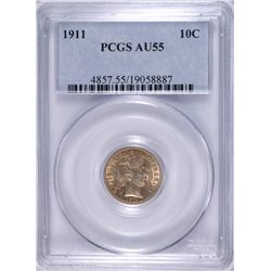 1911 BARBER DIME, PCGS AU-55 NICE!