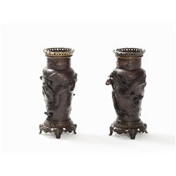 Pair of Bronze Vases with a Plastic Dragon on the Body, 19th C