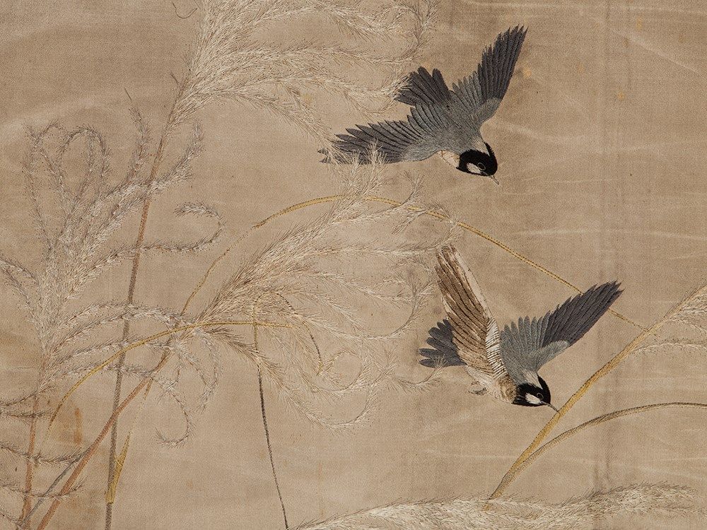 Silk Wall Hanging with Fine Floral Embroidery, Japan, Meiji