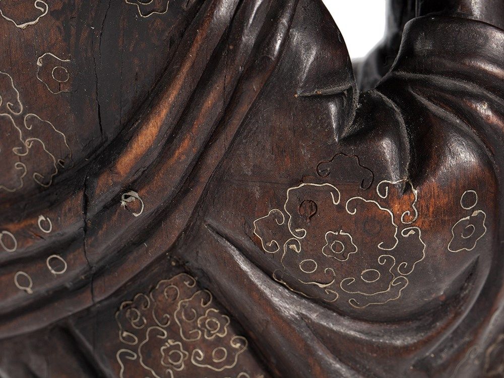 Carved Wood Sculpture with Silver Wire Inlay, China, after 1920