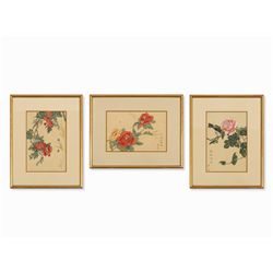 Three Silk Paintings, Flowers with Insects and Birds, 20th C