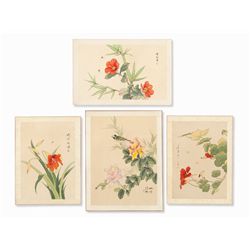 Four Silk Paintings, Flowers with Insects and Bird, 20th C.