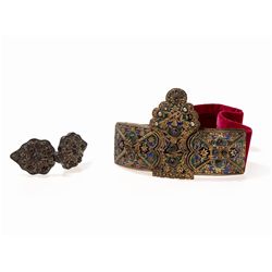 Two Archaic Belt Buckles with Colored Glass Beads, 19th C