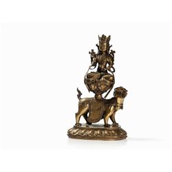 Brass Bronze Figure of a Guanyin on a Lion Dog, China, 20th C