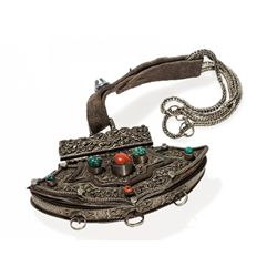 Yak Leather Belt Pouch with Turquoises and Corals, 19th C