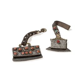 2 Iron Firesteels and Yak Leather Purse, Tibet, 19th C