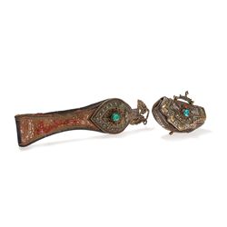Yak Leather Belt Pouch with Handle and Turquoise, 19th Century