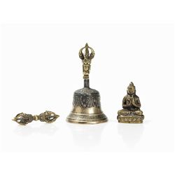 Sino Tibetan Buddha Figure and Lama Set made of Bronze, c. 1900
