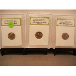 3 Roosevelt Dimes, Graded by INB: 1987-D, 1988-D & 1988-P BU