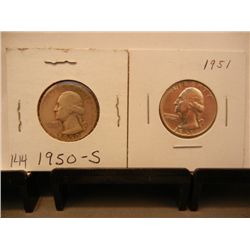 2 Silver Washington Quarters: 1950-S & 1951