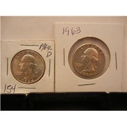2 Silver Washington Quarters: 1963 & 1964