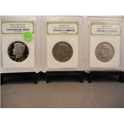 3 Kennedy Half Dollars, Graded by INB: 1986-S Cameo Gem Proof and 1971 & 1991 BU
