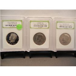 3 Kennedy Half Dollars, Graded by INB: 1979-S Cameo Gem Proof and (2) 1974 BU
