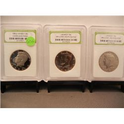 3 Kennedy Half Dollars, Graded by INB: 1986-S Cameo Gem Proof and (2) 1987 BU