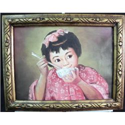 P.C. Chen Oil on Board Framed Signed Girl Eating Rice