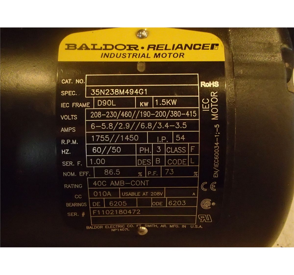 Baldor Industrial, Motor Specs 35N238M494G1
