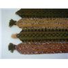 Image 1 : A BEADWORK PANEL, c.1880, olive, pink and rust coloured stripe ground tasselled ends, 70cm x 40cm...