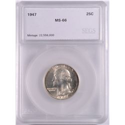 1947 WASHINGTON QUARTER, SEGS MS-66 SUPER