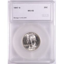 1947-S WASHINGTON QUARTER, SEGS MS-65 GEM!!