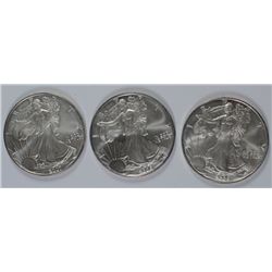 3 GEM BU AMERICAN SILVER EAGLES (2005,2006,2007)