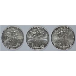 3 GEM BU AMERICAN SILVER EAGLES (2008,2009,2010)