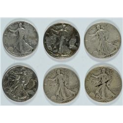6 MIXED CIRC. WALKING LIBERTY HALF DOLLAR NICE CIRCULATED