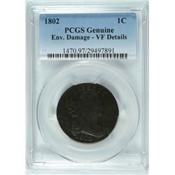 1802 DRAPED BUST LARGE CENT, PCGS-VF GENUINE! HAS A NICE LOOK