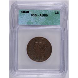 1848 LARGE CENT, ICG AU-50