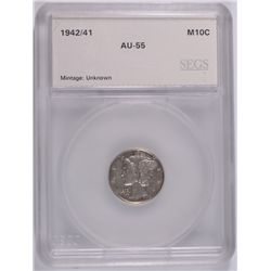 1942/1 MERCURY DIME SEGS AU 55 KEY OVER DATE, ACCURATELY GRADED