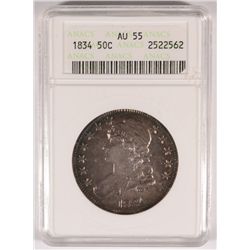 1834 BUST HALF DOLLAR, ANACS AU-55 VERY PRETTY  COLORS, BLUES AND WHITES