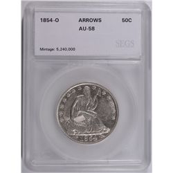 1854-O SEATED HALF DOLLAR WITH ARROWS SEGS AU 58