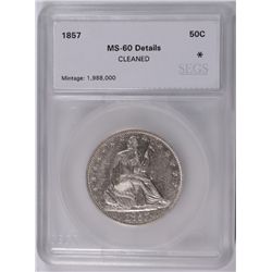 1857 SEATED HALF DOLLAR SEGS MS60 DETAILS CLEANED