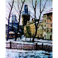 Hubert Bauer ( 1905 ) - The Bridge Towers above the Snow-covered Kampa 