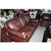 Image 2 : BROWN LEATHER STUDDED OVERSTUFFED SOFA, LOVESEAT AND CHAIR SET WITH OTTOMAN