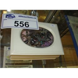 WOOD JEWELLERY BOX FILLED WITH MISC JEWELLERY CONTENT