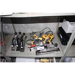 SHELF LOT OF PNEUMATIC SANDERS AND DEWAULT DRILLS