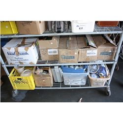 SHELF OF MISC COLLECTOR AND HOUSEHOLD ITEMS (ROLLING SHELF NOT INCLUDED)