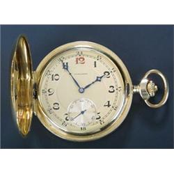 Longines, an 18ct gold hunter pocket watch, circa 1925, the frosted gilt dial with painted, red t...