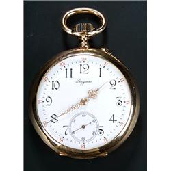 Longines, an 18ct gold open face pocket watch, circa 1910, No. 910503, the white enamel dial with...