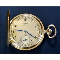 Tissot, an 18ct gold hunter pocket watch, circa 1930, No. 819110, the brushed gold dial with blac...