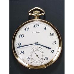 Citadel, a 9ct gold open face pocket watch, circa 1930, No.54556, the matt white dial with raised...