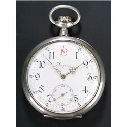 Longines, a white metal open face pocket watch, circa 1920, No. 3598284, the white enamel dial wi...