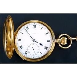 W Long & Co, Cardiff, an 18ct gold half hunter pocket watch, hallmarked Chester 1914, the white e...