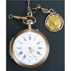 W Lanquetin, Pontatilier, an 18ct gold open face pocket watch, circa 1890, the white enamel dial...