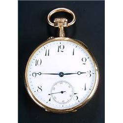 Swiss, an 18ct gold open face pocket watch, circa 1900, No. 19307, the white enamel dial with bla...