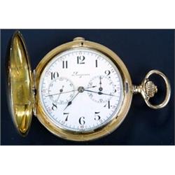 Longines, a chronograph 18ct gold hunter pocket watch, circa 1920, no. 2980084, the white enamel...