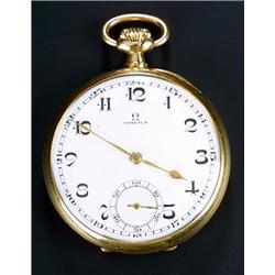 Omega, an 18ct gold open face pocket watch, circa 1930, No. 733849, the white enamel dial, with b...