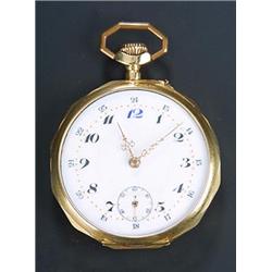 Swiss, an open face pocket watch, circa 1900, the white enamel dial with blue twelve and black Ar...