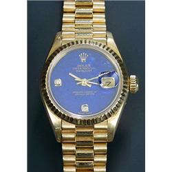 Rolex, Oyster Datejust, a lady's 18ct gold bracelet watch, circa 1990, No.L676866, the lapis lazu...