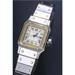 Cartier, Santos, a lady's stainless steel and gold bracelet watch, the white dial with black Roma...